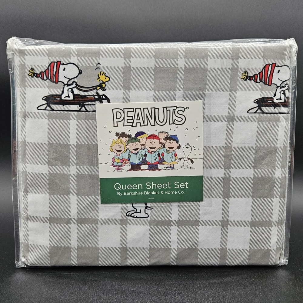 Peanuts Queen Gray Plaid Sheet Set Snoopy Woodstock Berkshire Holiday Bedding